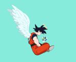  1boy 2019 angel_wings aqua_background black_eyes black_hair closed_mouth clothes_writing cloud commentary_request cool_gelato dated dougi dragon_ball dragon_ball_z earth floating from_side full_body giant halo hands_on_lap happy looking_down male_focus planet profile simple_background smile son_gokuu spiked_hair wings 