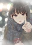  1girl :o bangs blue_scarf blunt_bangs blurry blurry_background bokeh box brown_coat brown_eyes brown_hair coat commentary_request depth_of_field gift gift_box highres holding holding_box holding_gift long_hair long_sleeves looking_at_viewer mixed-language_commentary nabeshima_tetsuhiro open_mouth original plaid plaid_scarf scarf shiny shiny_hair solo upper_body water_drop window window_writing 