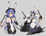  1girl android animal_ears blue_hair blue_neckwear breasts bunny_ears bunny_girl bunnysuit commentary_request detached_collar full_body glasses gun headgear high_heels highres katahira_masashi leotard long_hair missile multiple_views necktie original red_eyes small_breasts strapless strapless_leotard weapon white_leotard wrist_cuffs 