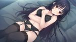  1girl black_bra black_hair black_legwear black_panties blush bra breasts cafe_stella_to_shinigami_no_chou eyebrows_visible_through_hair game_cg garter_belt hand_on_own_chest highres indoors kobuichi lace_trim lingerie lying medium_breasts mole mole_under_eye navel on_back on_bed panties parted_lips shiki_natsume solo sweat thighhighs underwear underwear_only yellow_eyes 
