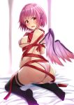  1girl ass bangs bare_arms bare_shoulders bed_sheet bikini black_legwear blush bound breasts commentary_request covered_nipples ebi_193 eyebrows_visible_through_hair feathered_wings from_behind kneeling large_breasts looking_at_viewer looking_back mystia_lorelei naked_ribbon no_hat no_headwear no_shoes open_mouth pink_bikini pink_hair red_eyes red_ribbon ribbon short_hair skindentation solo swimsuit tears thighhighs thighs touhou white_background wings 