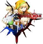  2boys 3girls ahoge armor blazblue blazblue:_bloodedge_experience blazblue_alternative:_dark_war blazblue_phase_0 blonde_hair bow breasts capelet ciel_sulfur collared_shirt eyebrows_visible_through_hair full_body glasses gloves green_eyes hair_bow hair_over_eyes hair_ribbon hood jin_kisaragi kazuma_kuvaru key_visual logo long_hair looking_at_viewer medium_breasts military military_uniform mori_toshimichi multiple_boys multiple_girls official_art pauldrons ponytail rachel_alucard raquel_alucard red_capelet red_neckwear ribbon round_eyewear shirt short_hair shoulder_armor skirt smile thighhighs third-party_source tied_hair transparent_background trinity_glassfield uniform vampire white_legwear wings yellow_eyes 