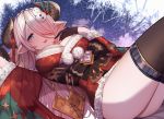  1girl alternate_costume black_footwear black_gloves blue_eyes blush boots bow braid breasts detached_sleeves draph dress fur-trimmed_dress gloves granblue_fantasy hair_ornament hair_over_one_eye highres horns large_breasts long_hair looking_at_viewer narmaya_(granblue_fantasy) pink_hair pointy_ears red_dress santa_costume sash siu_(siu0207) smile solo thigh_boots thighhighs thighs 