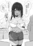  1girl ;d bangs black_legwear blush breasts choker cleavage collarbone comiket covered_nipples earrings greyscale hoop_earrings jewelry large_breasts long_hair looking_at_viewer monochrome noripachi off-shoulder_shirt off_shoulder one_eye_closed open_mouth original shirt shorts smile solo_focus speech_bubble sweat thighhighs translation_request 