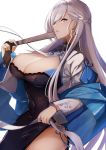  1girl absurdres alternate_costume azur_lane bangs belfast_(azur_lane) belfast_(iridescent_rose)_(azur_lane) blue_eyes blush braid breasts chain china_dress chinese_clothes collar dress earrings eyebrows_visible_through_hair fan folding_fan highres holding holding_fan jewelry large_breasts long_hair looking_at_viewer panties pnatsu ring side-tie_panties silver_hair simple_background solo thighhighs underwear white_background white_legwear 