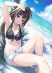  1girl aqua_eyes arm_up armpits bare_arms bare_shoulders barefoot beach black_bikini_top black_hair blue_sky breasts cleavage cloud commentary_request day dutch_angle front-tie_bikini front-tie_top hair_ornament highres horizon idolmaster idolmaster_cinderella_girls knee_up long_hair looking_at_viewer medium_breasts navel ocean open_fly outdoors parted_lips shibuya_rin short_shorts shorts sitting sky solo stomach sweat tamakaga thighs tree_shade water white_shorts 