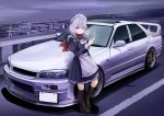  1girl 3books absurdres apron bangs black_footwear blue_dress blue_eyes boots breasts car cigarette commentary_request dress eyebrows_visible_through_hair frilled_apron frills full_body ground_vehicle hair_between_eyes hand_up highres holding holding_cigarette izayoi_sakuya juliet_sleeves long_sleeves looking_at_viewer maid maid_apron maid_headdress medium_breasts motor_vehicle nissan_skyline outdoors partial_commentary perfect_cherry_blossom petticoat puffy_sleeves railing red_scarf road scarf shadow short_hair silver_hair smoke solo standing touhou waist_apron white_apron 