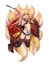  1girl animal_ear_fluff animal_ears bangs black_bikini_top black_legwear blonde_hair eyebrows_visible_through_hair fang fox_ears fox_tail green_eyes haik hair_between_eyes katana kokonoe_tsubaki long_hair looking_at_viewer micro_bikini_top multiple_tails open_mouth original sailor_collar showgirl_skirt solo sword tail tattoo thighhighs weapon white_background 