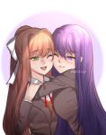  2girls ;) ;d artist_name bangs breasts brown_hair cheek-to-cheek commentary doki_doki_literature_club english_commentary eyebrows_visible_through_hair green_eyes grey_jacket hair_between_eyes hair_ornament hair_ribbon hairclip highres hug jacket large_breasts long_hair long_sleeves monika_(doki_doki_literature_club) multiple_girls one_eye_closed open_mouth ponytail potetos7 purple_eyes purple_hair ribbon school_uniform smile very_long_hair watermark white_ribbon yuri_(doki_doki_literature_club) 