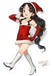  1girl :d black_hair blush breasts brown_eyes christmas cleavage collarbone dated elbow_gloves fur_trim gloves hat high_ponytail holding holding_sack kantai_collection long_hair multi-tied_hair nisshin_(kantai_collection) open_mouth pom_pom_(clothes) red_gloves sack santa_costume santa_hat signature simple_background smile solo toka_(marchlizard) white_background white_footwear 