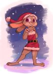  2019 :3 anthro barefoot belt christmas clasped_hands clothed clothing costume dipstick_ears disney fuel_(artist) hat headgear headwear hi_res holidays judy_hopps lagomorph leporid looking_at_viewer mammal multicolored_ears outside rabbit santa_costume santa_hat sky smile snow snowing solo standing star starry_sky wristband zootopia 