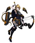  1girl absurdres android armpits arrow asagon007 blonde_hair bow_(weapon) gloves green_eyes highres holding holding_arrow holding_bow_(weapon) holding_weapon long_hair open_mouth original ponytail science_fiction solo tattoo weapon 