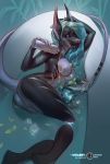  2019 anthro areola breasts butt canid canine canis digital_media_(artwork) eyebrows eyelashes female hi_res jackal mammal nipples partially_submerged pussy smile solo wrabby 