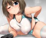  1girl alternate_costume black_gloves blue_eyes blush breasts brown_hair cameltoe cleavage collarbone commentary_request covered_nipples eyebrows_visible_through_hair gloves hair_ornament hairclip kantai_collection large_breasts looking_at_viewer maya_(kantai_collection) micro_shorts one_eye_closed open_mouth puffy_nipples revision see-through shorts simple_background sitting skindentation solo spread_legs steam sweat tank_top thighhighs thighs wet white_legwear x_hair_ornament yoshi_tama 