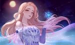  1girl artist_name blonde_hair blue_nails breasts collarbone commentary_request dress elsa_(frozen) frozen_(disney) full_moon hand_up lipstick long_hair looking_at_viewer makeup marchab_66 medium_breasts moon night night_sky open_mouth purple_eyes sky smile snowflakes solo star_(sky) strapless strapless_dress upper_body 