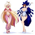  2girls absurdres belly_dancing blonde_hair breasts brown_hair cleavage copyright_request devil-v full_body gigantic_breasts harem_outfit highres huge_breasts multiple_girls sandals showgirl_skirt source_request 