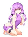  1girl absurdres bare_shoulders barefoot blush commentary_request flat_chest hair_ornament highres long_hair looking_at_viewer meme_attire pink_eyes pon_(shind_997) purple_eyes purple_hair simple_background smile solo thigh_strap v virgin_killer_sweater voiceroid white_background yuzuki_yukari 