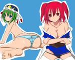  blue_eyes blush breasts cleavage crossed_arms dogeza_emon large_breasts lowleg lowleg_panties multiple_girls onozuka_komachi panties red_eyes shiki_eiki small_breasts striped striped_panties thighhighs touhou underwear undressing 