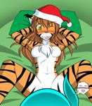  anthro arms_behind_head bed blue_hair blush breasts brown_hair chest_tuft christmas duo feline female flora flora_(twokinds) fur hair hat holidays human inside keidran legs_up lying male mammal navel nude on_back on_bed one_eye_closed orange_body pillow presenting santa_hat slit_pupils smile solo_focus spread_legs spreading straight stripes tiger tom_fischbach tongue tongue_out trace_legacy tuft twokinds webcomic wink 