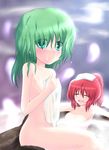  bath blush closed_eyes covering covering_breasts green_eyes green_hair hitodama mille multiple_girls nude object_on_head onozuka_komachi red_hair shiki_eiki short_hair touhou towel 