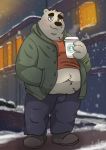  3_fingers anthro belly beverage black_nose blue_eyes blush bottomwear building clothed clothing coat feet fingers footwear fur holding_object jacket kemono male mammal navel night outside overweight overweight_male pants pobaro polar_bear shoes snow solo standing steam topwear ursid ursine white_body white_fur window 