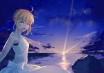  1girl absurdres ahoge artoria_pendragon_(all) bare_shoulders blonde_hair blue_ribbon bow braid cloud cowboy_shot dress er_ci_gudu fate/grand_order fate/stay_night fate_(series) french_braid green_eyes hair_between_eyes highres looking_at_viewer pointing ribbon rock saber smile solo sunset 