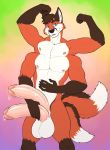  anthro balls big_balls big_penis bodily_fluids canid canine chipfox flexing flit fox genital_fluids hi_res humanoid_penis male mammal multi_arm multi_limb multi_penis multi_tail nude penis precum solo standing 