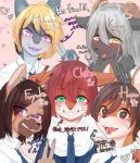  anthro black_nose blonde_hair blonde_highlights blue_necktie blush bottomwear bovid canid canine caprine cervid chika_(denyfake) clothing denyfake fur fur_tuft fuyuka_(denyfake) gesture grey_hair group hair hana_(denyfake) hi_res highlights_(coloring) horizontal_pupils japanese_text kuroe_(denyfake) looking_at_viewer makoto_(denyfake) mammal neck_tuft open_mouth purple_tongue slit_pupils teeth text tongue topwear translation_request tuft v_sign white_clothing white_topwear 