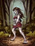  2019 anthro arrow black_nose bow brown_hair canid canine canis day detailed_background digital_media_(artwork) digitigrade female forest grass hair holding_object holding_weapon kanizo mammal outside solo tree weapon wolf 
