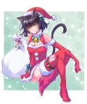  1girl animal_ears bell black_hair blake_belladonna boots cat_ears cat_tail christmas christmas_dress cleavage_cutout elbow_gloves fang fur-trimmed_gloves fur_trim gloves hat highres iesupa neck_ribbon red_gloves ribbon rwby sack santa_boots santa_costume santa_hat short_hair solo tail thigh_boots thighhighs yellow_eyes 