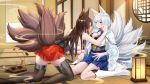  2girls absurdres akagi_(azur_lane) all_fours animal_ears azur_lane bangs blue_eyes blunt_bangs blush breasts brown_hair candle cheek_pinching cleavage commentary_request dust_(394652411) eyebrows_visible_through_hair fox_ears fox_tail full_body highres imminent_kiss incense incense_burner indoors japanese_clothes japanese_house kaga_(azur_lane) kimono large_breasts long_hair looking_at_another looking_at_viewer multiple_girls multiple_tails pinching red_eyes short_hair siblings sisters sitting skirt smile tail wariza white_hair wide_sleeves yuri 