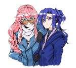  2girls alternate_hairstyle arm_on_shoulder black_gloves blue_hair braid coat earrings gloves grin highres jewelry kazanari_tsubasa long_hair maria_cadenzavna_eve multiple_girls pink_hair scarf senki_zesshou_symphogear smile sunglasses topturtling winter_clothes winter_coat 