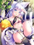  1girl :d animal_ears armpits ass bare_shoulders bikini black_bikini blue_eyes blurry breasts cleavage commentary_request criss-cross_halter depth_of_field fox_ears fox_girl fox_tail garter_straps ghost halloween halterneck hand_up jack-o&#039;-lantern kabocha_usagi large_breasts layered_skirt leaf leg_up long_hair looking_at_viewer miniskirt navel open_mouth original plant silver_hair skirt smile solo stomach swimsuit tail 
