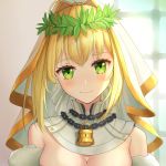  1girl absurdres bangs bare_shoulders blonde_hair breasts bridal_veil chain cleavage closed_mouth commentary_request detached_sleeves eyebrows_visible_through_hair fate/grand_order fate_(series) green_eyes head_tilt highres kouase lock looking_at_viewer nero_claudius_(bride)_(fate) nero_claudius_(fate)_(all) partial_commentary sidelocks smile solo upper_body veil wreath 