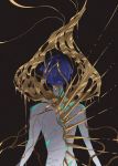  1other androgynous black_background blue_hair broken crack cracked crystal_hair dripping from_behind gold highres houseki_no_kuni ko_ryou leaking liquid melting molten_metal phosphophyllite phosphophyllite_(ll) short_hair simple_background solo spikes spoilers 