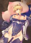  armor artoria_pendragon_(all) artoria_pendragon_(lancer) bangs bar_censor blue_gloves blue_leotard boots breasts censored fate/grand_order fate_(series) gloves green_eyes hair_between_eyes kirishima_satoshi lance large_breasts leotard multiple_views nipples polearm pussy sidelocks swept_bangs thigh_boots thighhighs torn_clothes weapon 