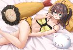  1girl :q =_= ahoge angora_rabbit bangs bare_arms bare_legs bare_shoulders bed_sheet black_hair blush_stickers breasts bunny camisole closed_mouth collarbone commentary crop_top crossover drooling ebi_frion_(matsuri_channel) eyebrows_visible_through_hair feet_out_of_frame frilled_camisole frills gochuumon_wa_usagi_desu_ka? green_eyes hair_between_eyes hair_ornament hair_scrunchie highres hololive kazenokaze long_hair looking_at_viewer lying midriff natsuiro_matsuri navel on_side one_side_up orange_shorts pillow saliva scrunchie short_shorts shorts small_breasts smile solo tippy_(gochiusa) tongue tongue_out virtual_youtuber yellow_camisole yellow_scrunchie 