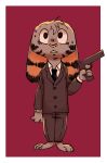  2019 ambiguous_gender anthro barefoot bodily_fluids border clothed clothing disney ear_markings facial_markings fuel_(artist) fur fur_markings gun handgun head_markings head_tuft hi_res holding_gun holding_object holding_pistol holding_weapon jack_savage lagomorph leporid mammal markings necktie pistol rabbit ranged_weapon red_background simple_background solo standing suit sweat sweatdrop tuft weapon white_border zootopia 