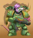  amethystbeetle armor didelphid eyewear glasses gun hammer hi_res holding_object holding_weapon mammal marsupial nurgle ranged_weapon simple_background standing tools warhammer warhammer_(franchise) weapon 