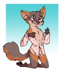 2019 anthro ava_(manedwolf) bare_chest blue_background blush bodily_fluids border bottomless canid canine cheek_tuft chest_tuft clothed clothing dress_shirt facial_tuft female flat_chested fuel_(artist) gradient_background head_tuft island_fox kneeling mammal neck_tuft pawpads pussy shirt shoulder_tuft simple_background smile smirk solo sweat sweatdrop topwear tuft urocyon white_border 