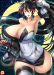  1girl absurdres armpits black_hair blue_eyes breasts cleavage detached_sleeves fingerless_gloves gloves gradient_hair haganef highres huge_breasts long_hair low_neckline multicolored_hair nanbu_kaguya narrow_waist open_mouth ponytail red_hair super_robot_wars super_robot_wars_og_saga_mugen_no_frontier sword tagme thick_thighs thighhighs thighs very_long_hair weapon 