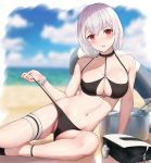 absurdres azur_lane bangs bare_shoulders beach bikini bikini_pull black_bikini breasts chinese_commentary cleavage collarbone commentary_request eyebrows_visible_through_hair halter_top halterneck head_tilt highres innertube kouase large_breasts looking_at_viewer lounging navel o-ring o-ring_bikini o-ring_top open_mouth outdoors red_eyes scrunchie short_hair sirius_(azur_lane) sirius_(midsummer_seirios)_(azur_lane) sitting stomach swimsuit thigh_strap thighs white_hair wrist_scrunchie 
