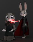  2019 3d_(artwork) anthro black_background black_clothing bodysuit claws cloak clothing crossover digital_media_(artwork) disney duo eyebrows eyelashes female female/female fingers fur grey_body grey_fur handwear hi_res holding_object holding_weapon jedi judy_hopps kneeling lagomorph leporid lightsaber long_ears mammal melee_weapon melo multicolored_body multicolored_ears multicolored_fur open_mouth pink_nose poncho purple_eyes rabbit simple_background sith skinsuit smile standing star_wars teeth tight_clothing toe_claws toeless_legwear weapon white_body white_fur zootopia 