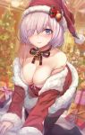  1girl all_fours bangs bare_shoulders bell black_legwear blush bow bow_bra bowtie box bra breasts christmas_ornaments christmas_tree cleavage closed_mouth collarbone commentary_request dress eyebrows_visible_through_hair fate/grand_order fate_(series) fingernails fur_trim gift gift_box hair_over_one_eye hat highres indoors lips long_sleeves looking_at_viewer mash_kyrielight medium_breasts off_shoulder pom_pom_(clothes) red_dress ribbon santa_costume santa_hat shiny shiny_hair short_dress short_hair simple_background solo thighhighs torino_akua underwear 
