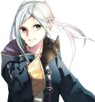  1girl absurdres ahoge bangs braid brown_eyes brown_gloves cloak crown_braid fire_emblem fire_emblem_awakening gloves grin highres leather leather_gloves long_sleeves looking_at_viewer medium_hair parted_bangs parted_lips robin_(fire_emblem) robin_(fire_emblem)_(female) silver_hair simple_background smile solo tpicm twintails upper_body white_background wide_sleeves 
