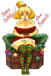  animal_crossing big_breasts blush breasts canid canine canis christmas cleavage clothed clothing costume domestic_dog female holidays holly_(plant) huge_breasts isabelle_(animal_crossing) legwear luvon mammal nintendo panties pattern_clothing pattern_legwear plant santa_costume simple_background socks striped_clothing striped_legwear striped_socks stripes underwear upskirt video_games white_background 