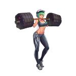  1girl abs barbell baseball_cap breasts cleavage dark_skin digital_media_player earphones full_body gloves green_hair grin hat highres large_breasts last_origin looking_at_viewer mighty_r navel one_eye_closed red_eyes shoes short_hair sima_(startwitch) skin_tight smile sneakers solo spandex sports_bra tachi-e toned transparent_background weightlifting 