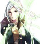  1girl ahoge bangs braid brown_eyes brown_gloves cloak crown_braid fire_emblem fire_emblem_awakening gloves grin highres leather leather_gloves long_sleeves looking_at_viewer magic magic_circle medium_hair parted_bangs parted_lips robin_(fire_emblem) robin_(fire_emblem)_(female) silver_hair simple_background smile solo tpicm twintails upper_body white_background wide_sleeves 
