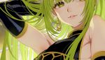  1girl armpits blush character_request copyright_request detached_sleeves earrings green_eyes green_hair hand_in_hair head_out_of_frame ikezaki_misa jewelry lips long_hair looking_at_viewer smile solo white_background 