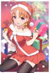  1girl :d absurdres ahoge black_legwear blurry blurry_background bow box braid christmas christmas_tree commentary_request dress food fruit gift gift_box hair_bow hat highres holding holding_food holding_fruit long_hair looking_at_viewer love_live! love_live!_sunshine!! mandarin_orange no_shoes off-shoulder_dress off_shoulder open_mouth orange_hair pleated_dress pom_pom_(clothes) red_dress red_eyes santa_dress santa_hat short_sleeves side_braid sitting smile solo takami_chika thighhighs yamaori_(yamaorimon) yellow_bow 